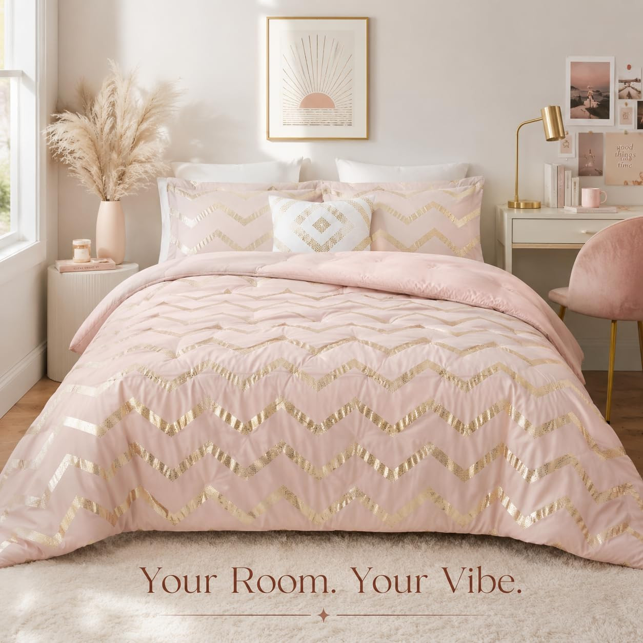 Twin Comforter Set for Teens and Adults, 3-Piece Pink and Gold Bedding, Warm and