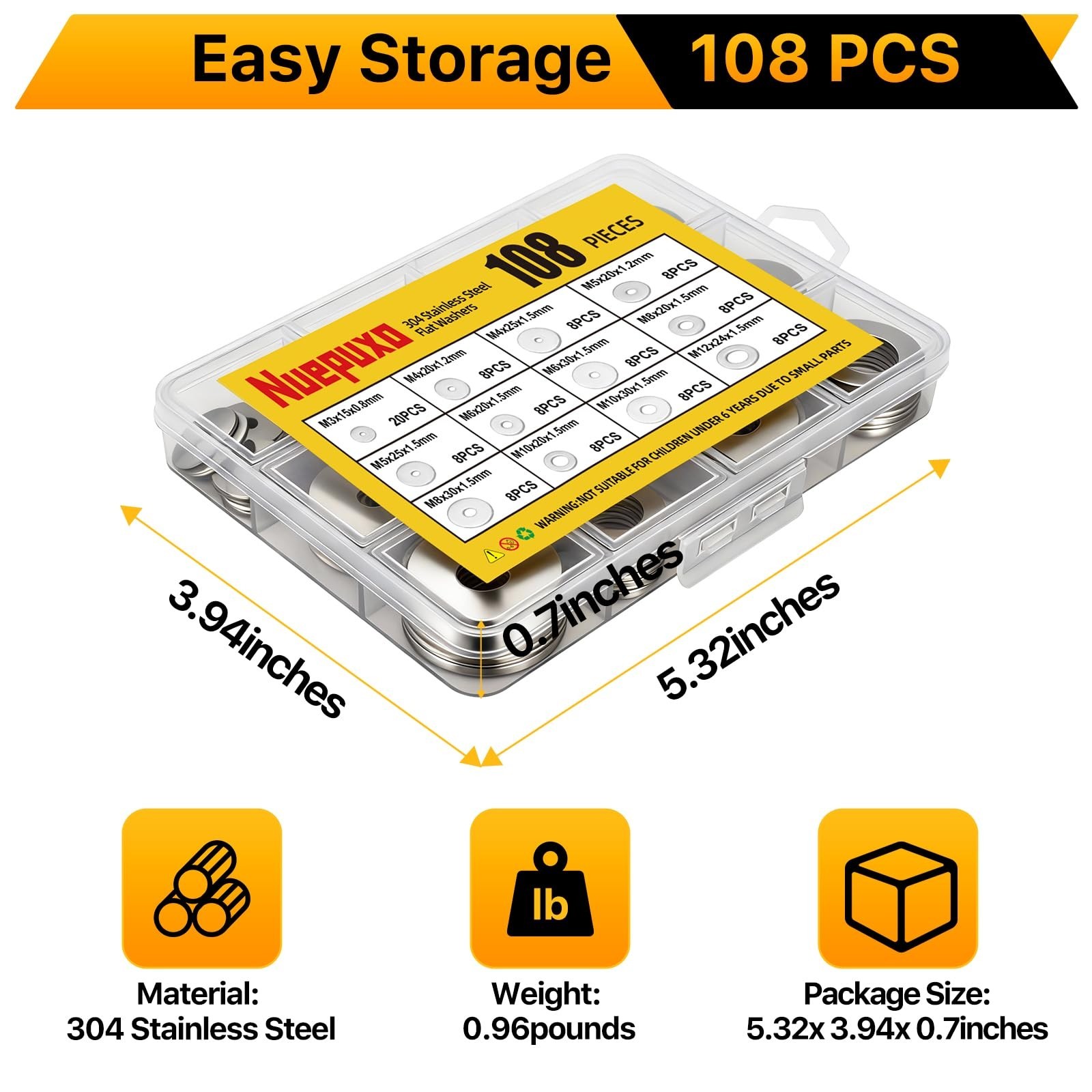 108PCS Flat Washers Assortment Kit, 304 Stainless Steel Fender Washers, 12 Si…