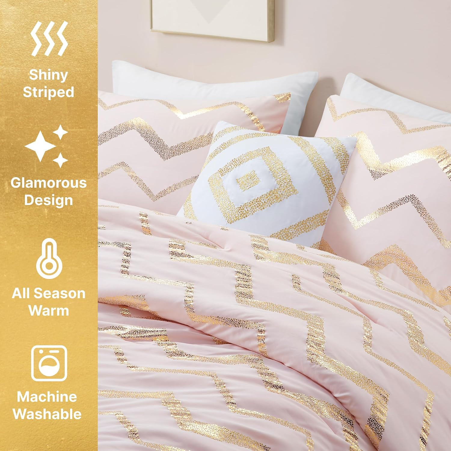 Twin Comforter Set for Teens and Adults, 3-Piece Pink and Gold Bedding, Warm and