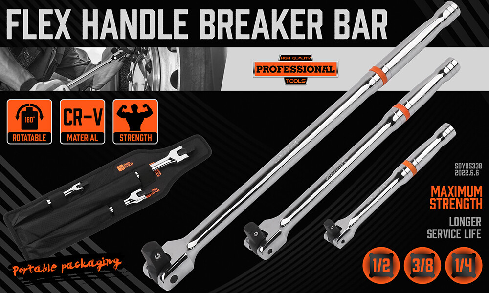 Breaker Bars Set 3PC 1/4″ 3/8” 1/2” Dr 180° Rotatable Head 6″ 10″ 15″ Length