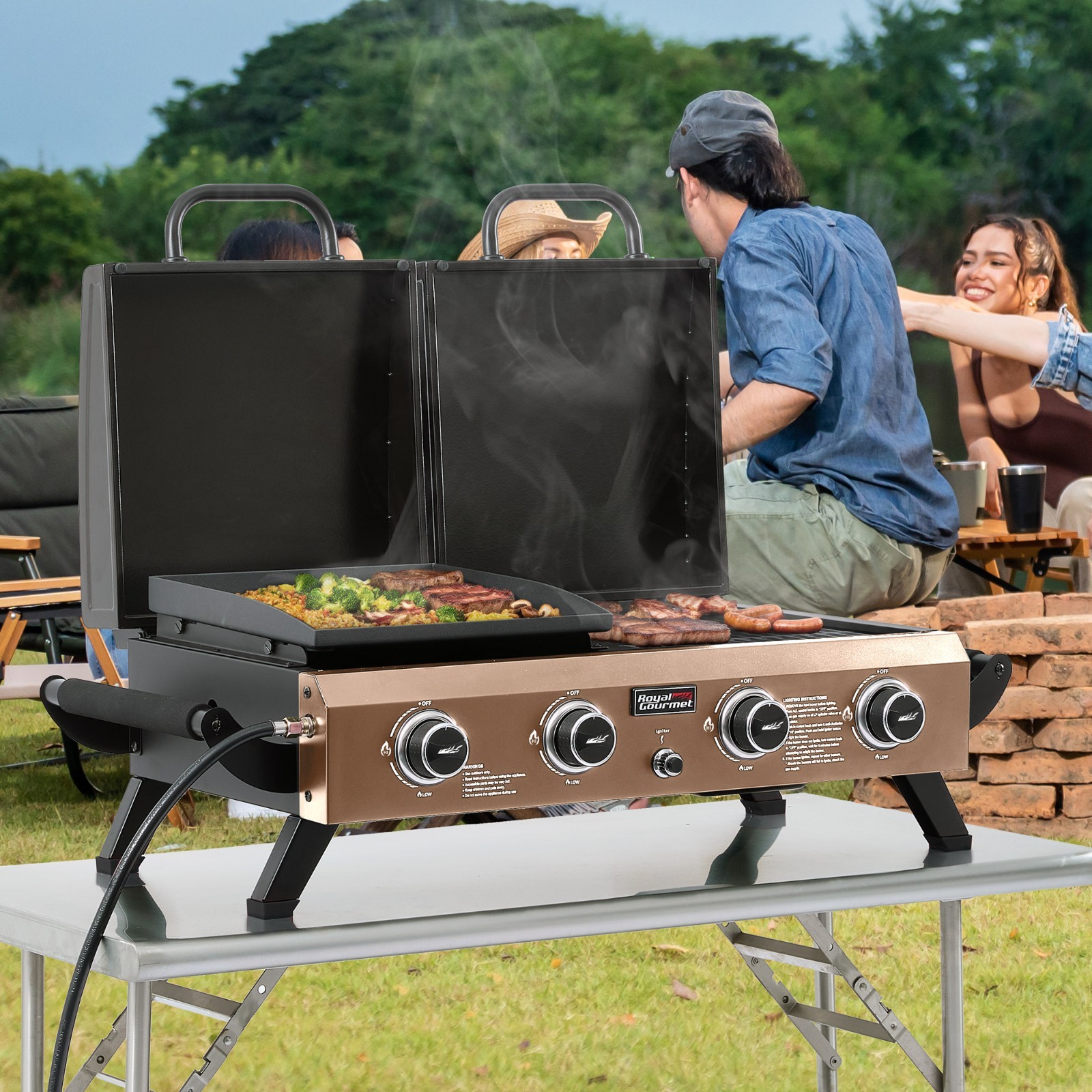 Royal Gourmet 4-Burner Portable Tabletop Grill & Griddle Combo with Hood