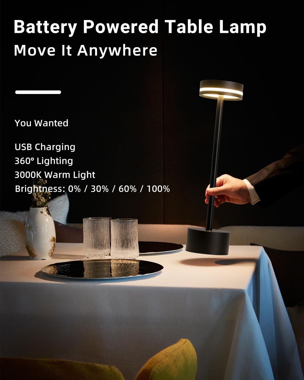 Cordless Table Lamp Portable Battery Powered LED Desk Lamps USB Rechargeable US