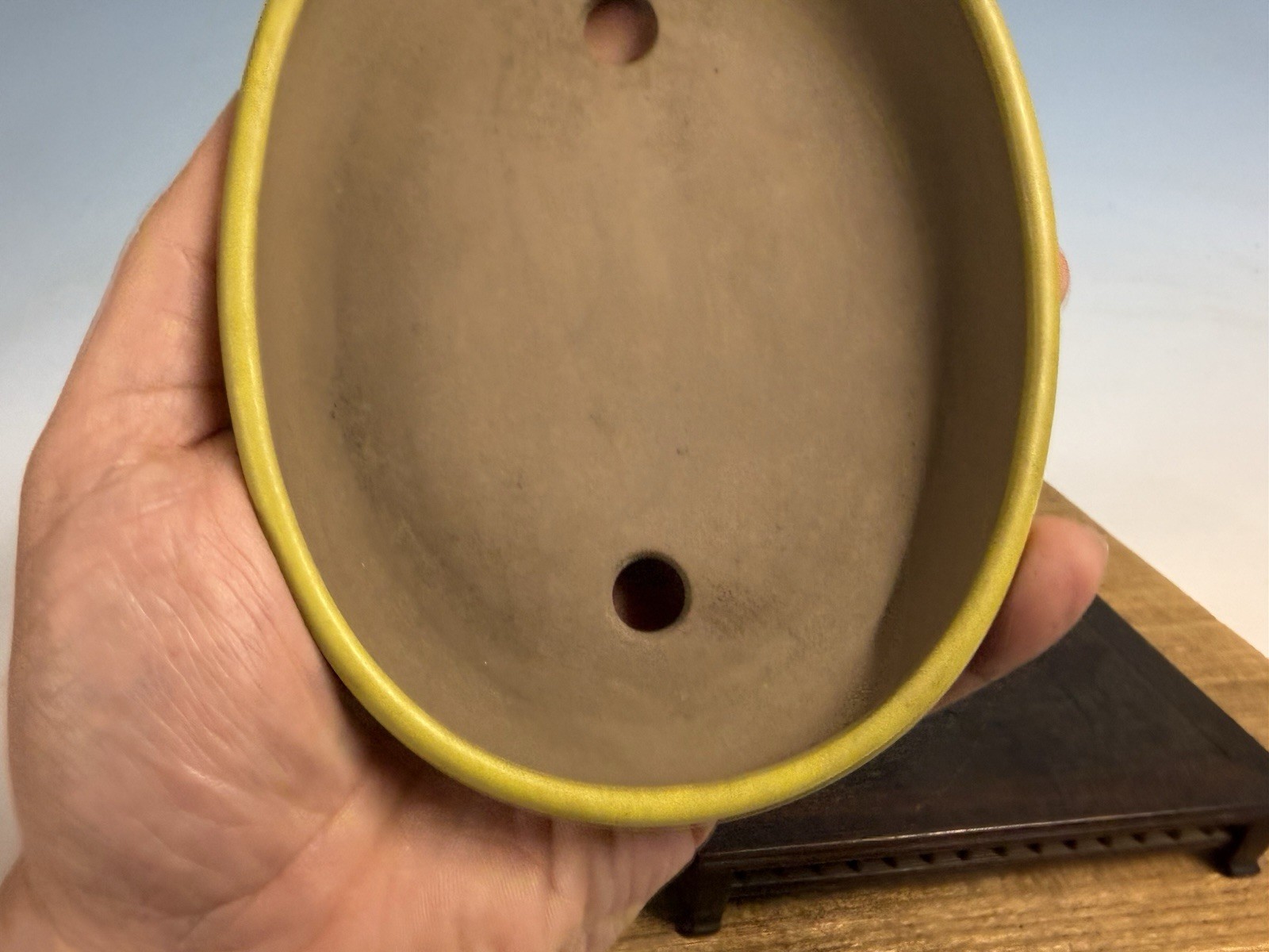 Japanese Unknown Maker Shohin Bonsai Tree Pot 6 1/8” Yellow Glaze