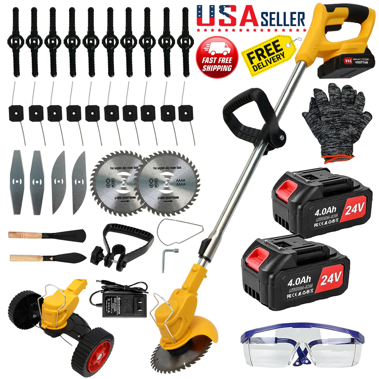Electric Cordless Grass String Trimmer Lawn Edger Weed Wacker Cutter + 2 Battery