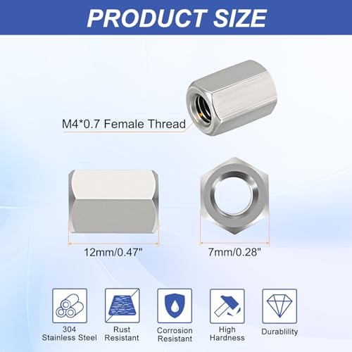 Hex Coupling Nuts, M4 x 0.7-Pitch 12mm/0.47″ Length Metric M4-0.7 x 12mm 5