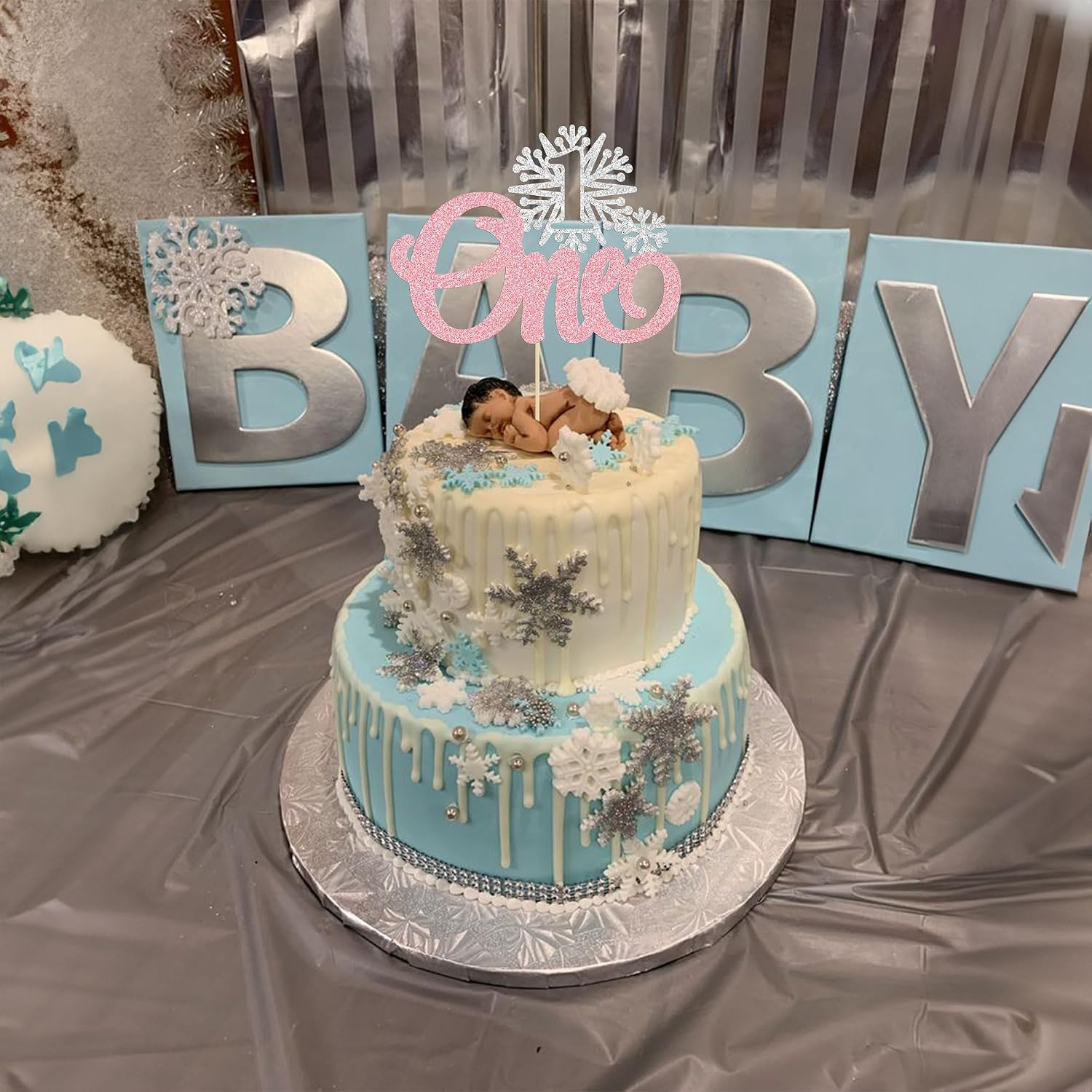 1Pc One Snowflake Cake Topper Glitter Winter Frozen Theme First Birthday Snowfla