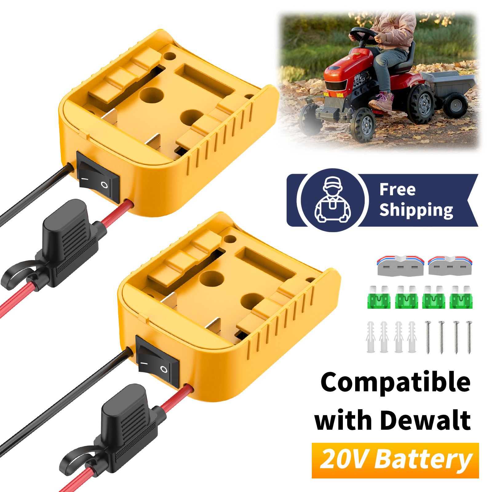 2-Pack Power Wheel Adapter with Fuse Switch Compatible with Dewalt 20V Battery