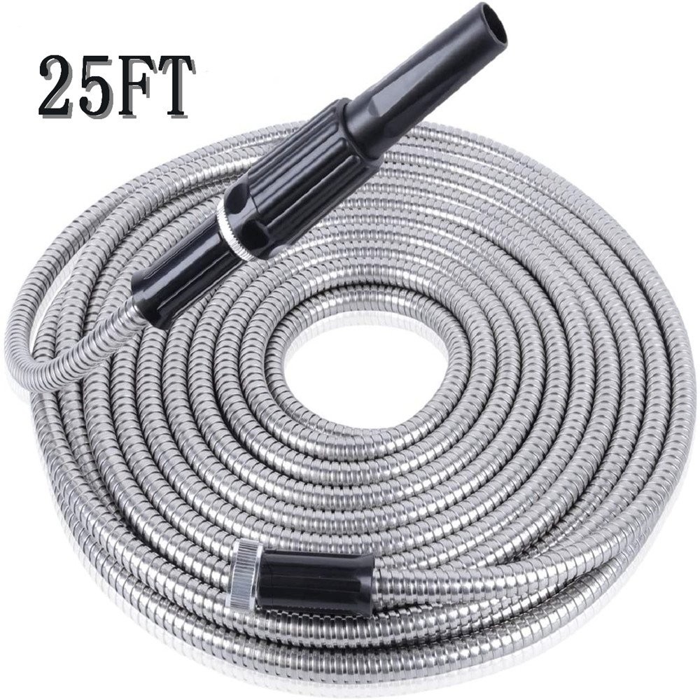 Stainless Steel Metal Garden Water Hose Pipe 25/50/75/100FT Expandable Flexible