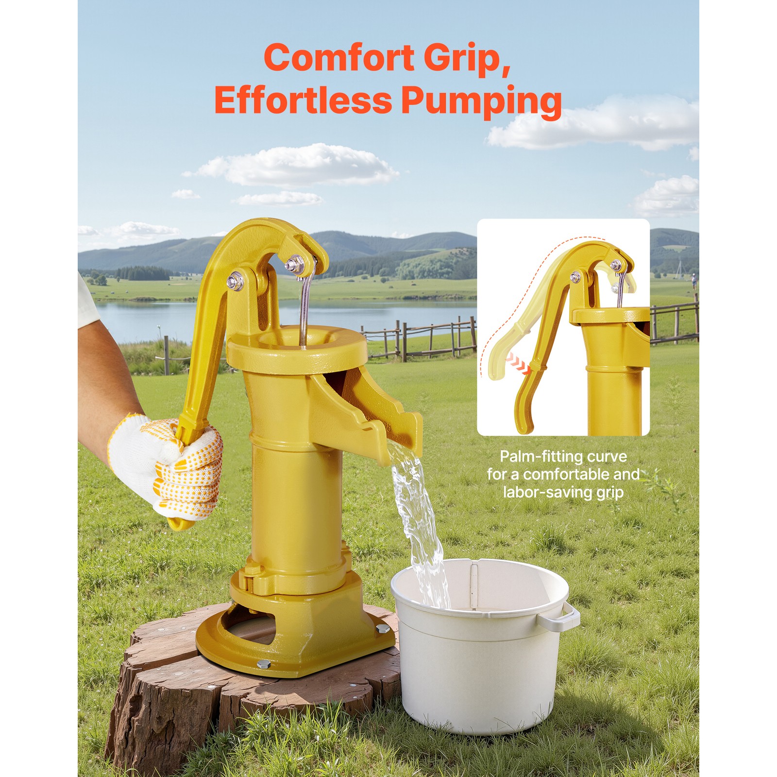 Uimoso Antique Cast Iron Manual Water Pump 25ft Hand Pitcher Pump, Yellow Finish