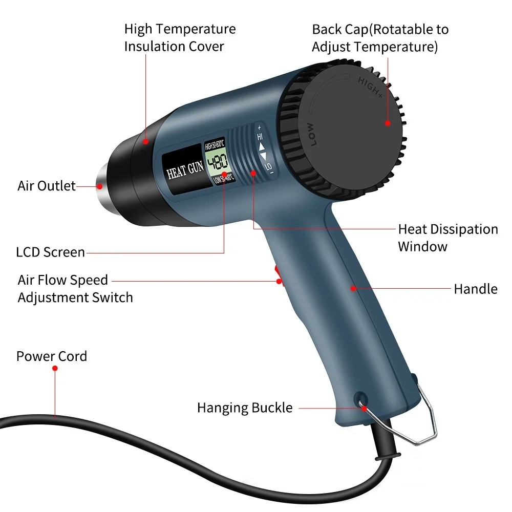 2500W Heat Gun Electric Hot Air Gun w/ Dual-Temperature LCD Show 4 Nozzles Tool