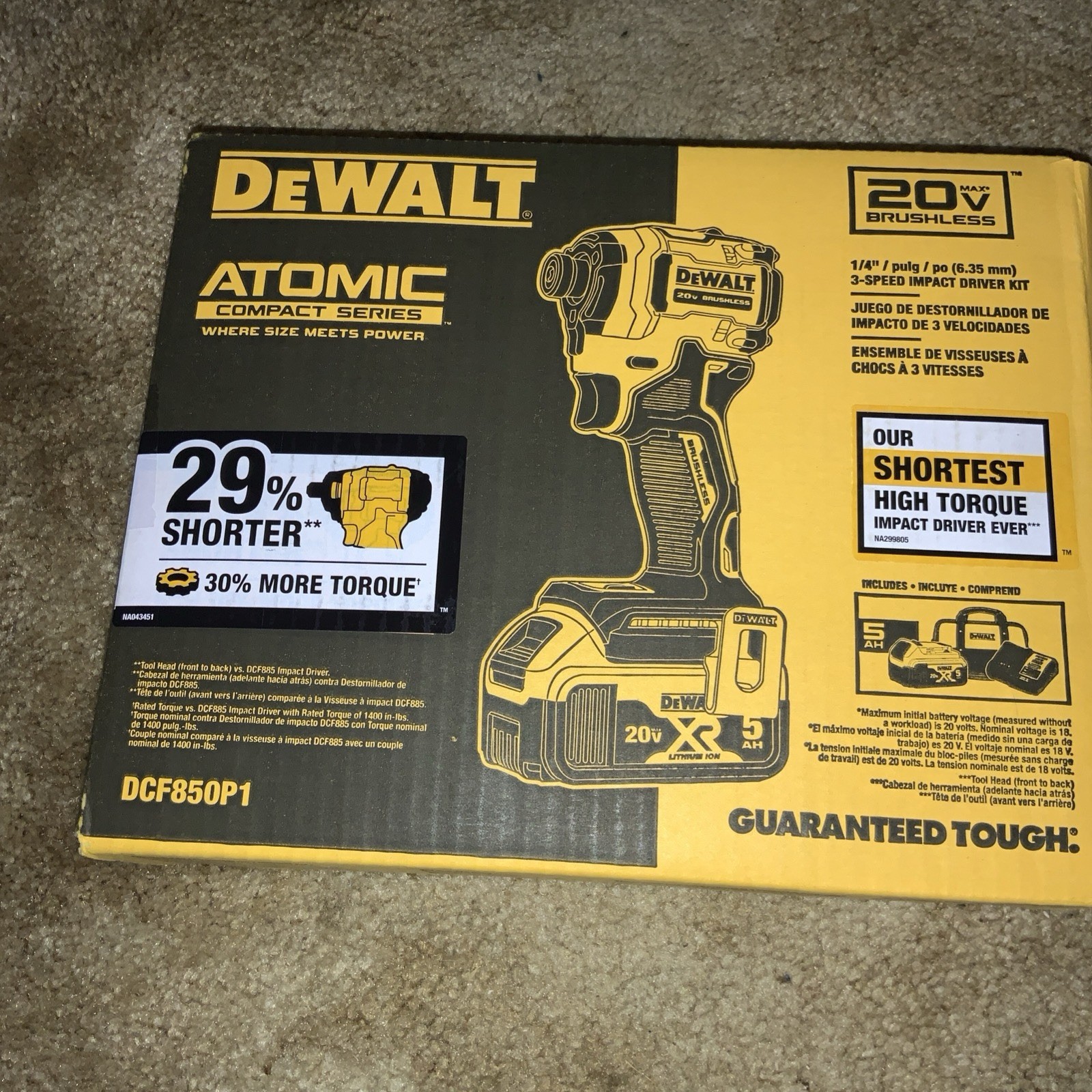 DeWALT Atomic 20V 1/4″ Impact Kit w/ bag, 5Ah Battery & Charger DCF850P1