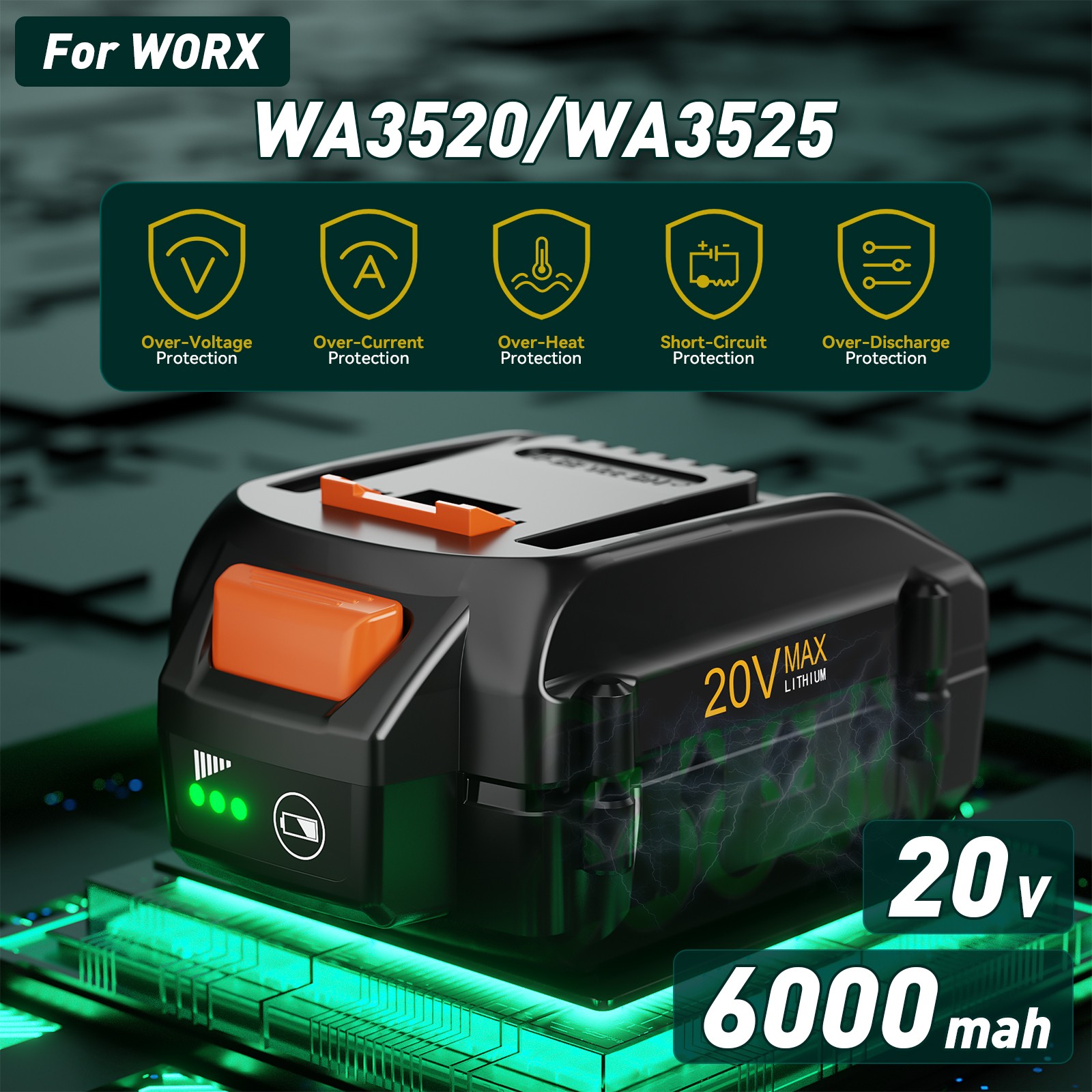 2X/1X For WORX 20V 8.0AH MAX Extend Lithium-Ion Battery WA3525 WA3575 WA3520