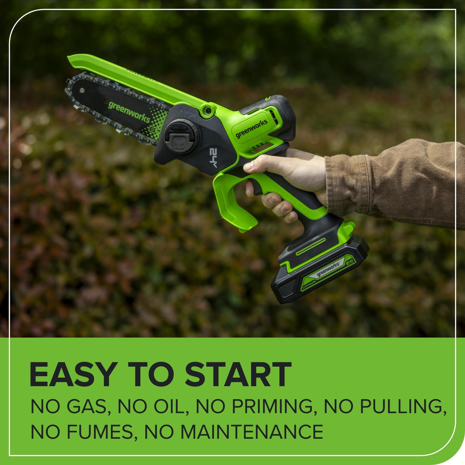 Greenworks 24V 6in BL Pruning Saw w/Auto Oiler, 2Ah (Auto Olier), Green