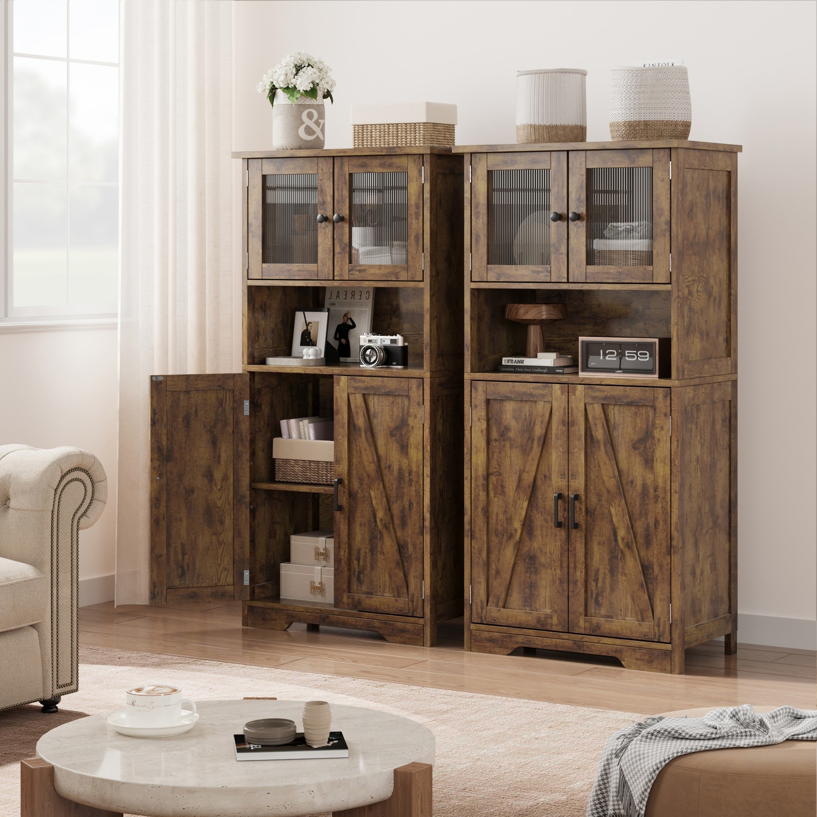 Storage Cabinet with Glass Doors & Adjustable Shelves, Kitchen Pantry Cabinet