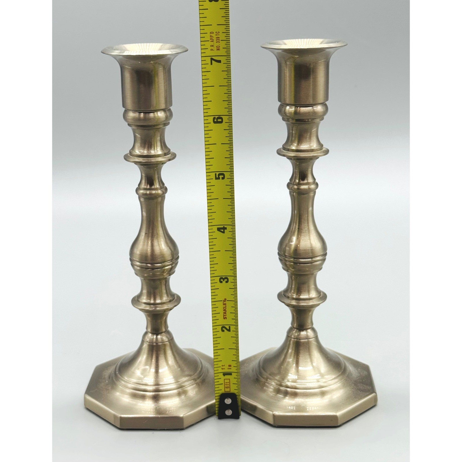 Pewter Candlestick Holders Silver Octagon Base 7 inch Set of 2