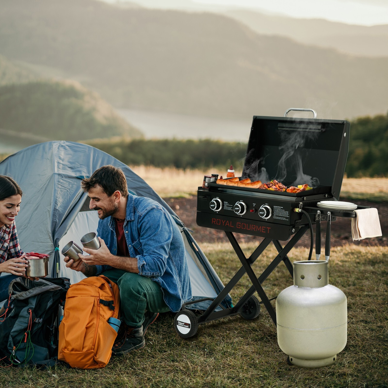 Royal Gourmet Portable 3-Burner Gas Griddle with Collapsible Stand