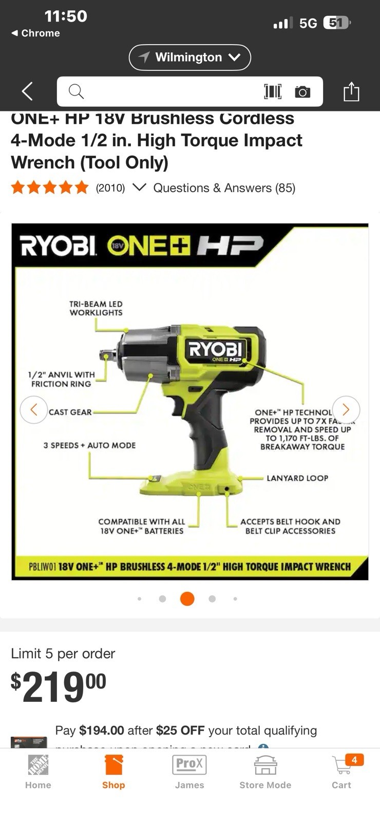 Ryobi 18V Brushless Cordless Impact Wrench 1/2″ 4-Mode High Torque-Tool Only