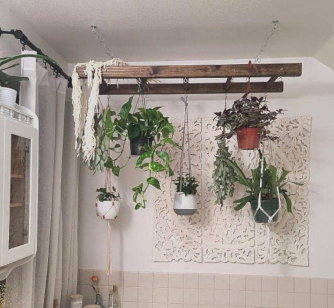 Farmhouse Kitchen Island Pot Rack Ladder – Walnut Stained Wooden Rack
