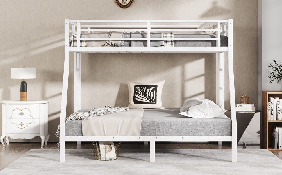 Metal Twin over Full Bunk Bed White Bed Frame for Teens and Adults Bedroom