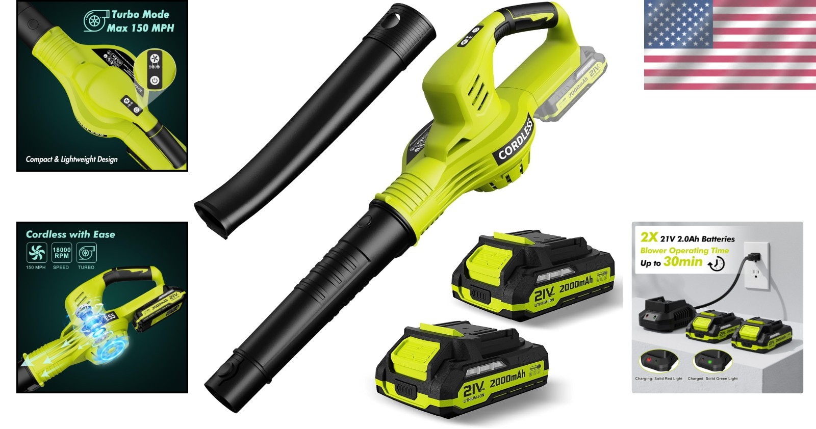 Powerful Rechargeable Leaf Blower, 150MPH Turbo Speed – 2.0Ah Batteries Included