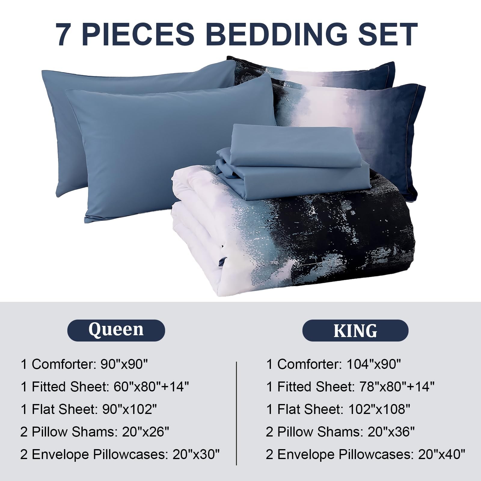 Ombre Blue Comforter Set Queen – 7 Piece Boho Bedding for Teens & Adults