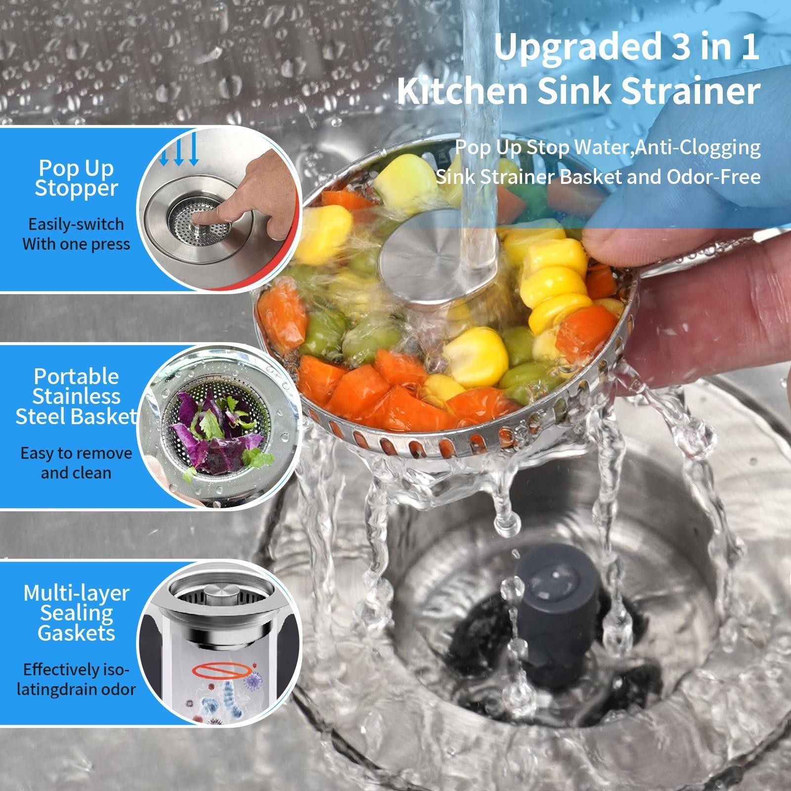 3-in-1 Kitchen Sink Drain Kit Strainer Stopper & Drain Assembly Stainless Steel