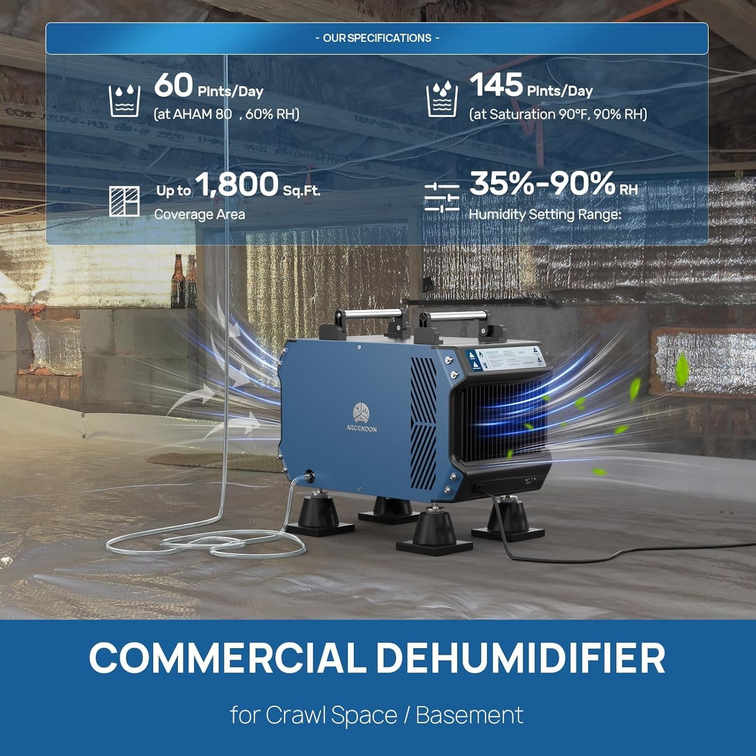 ARGENDON 145 Pint Crawl Spaces Dehumidifier with Pump for Basement 1800 Sq.Ft