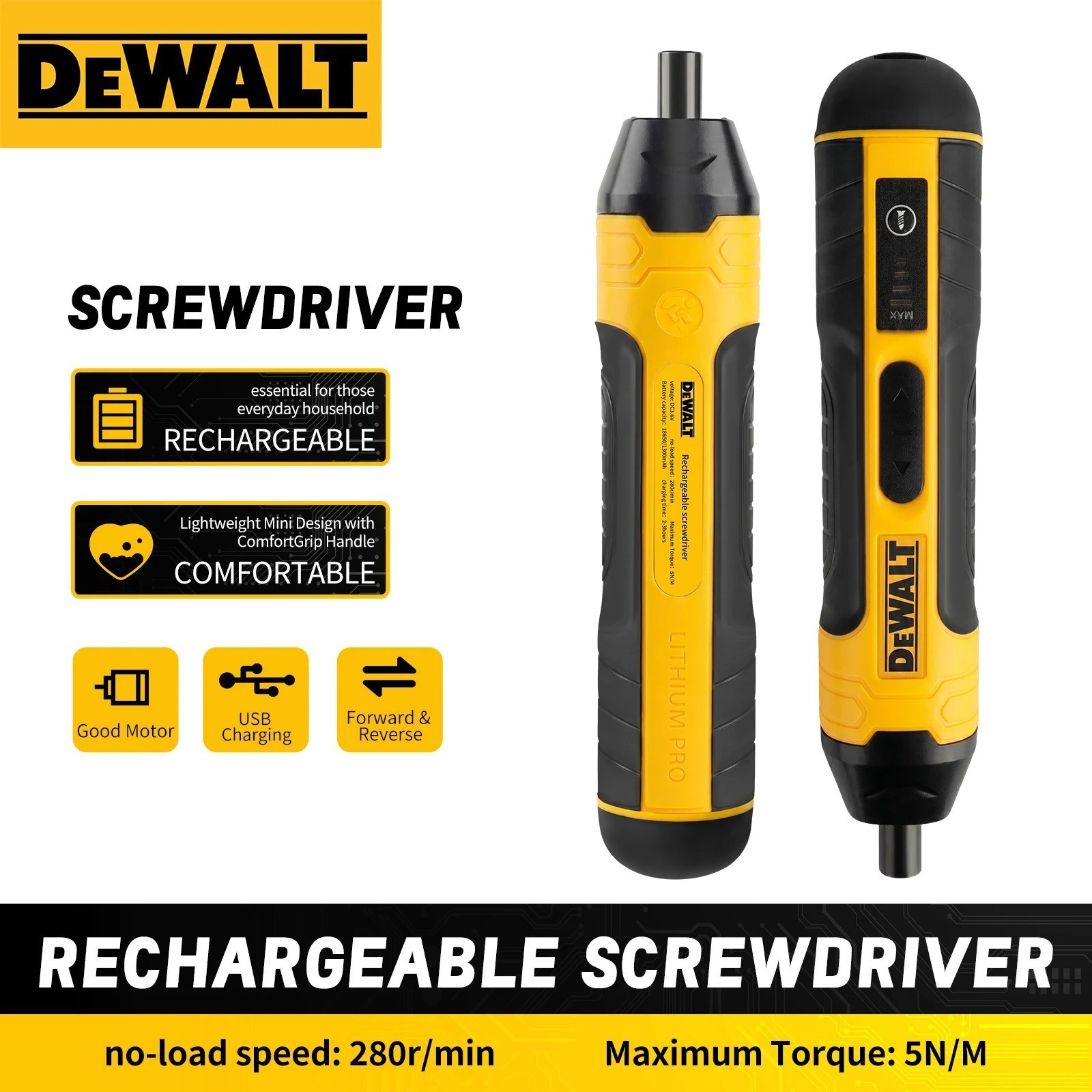 DEWALT Cordless Electric Screwdriver USB Rechargeable LED Light 1300mAh New