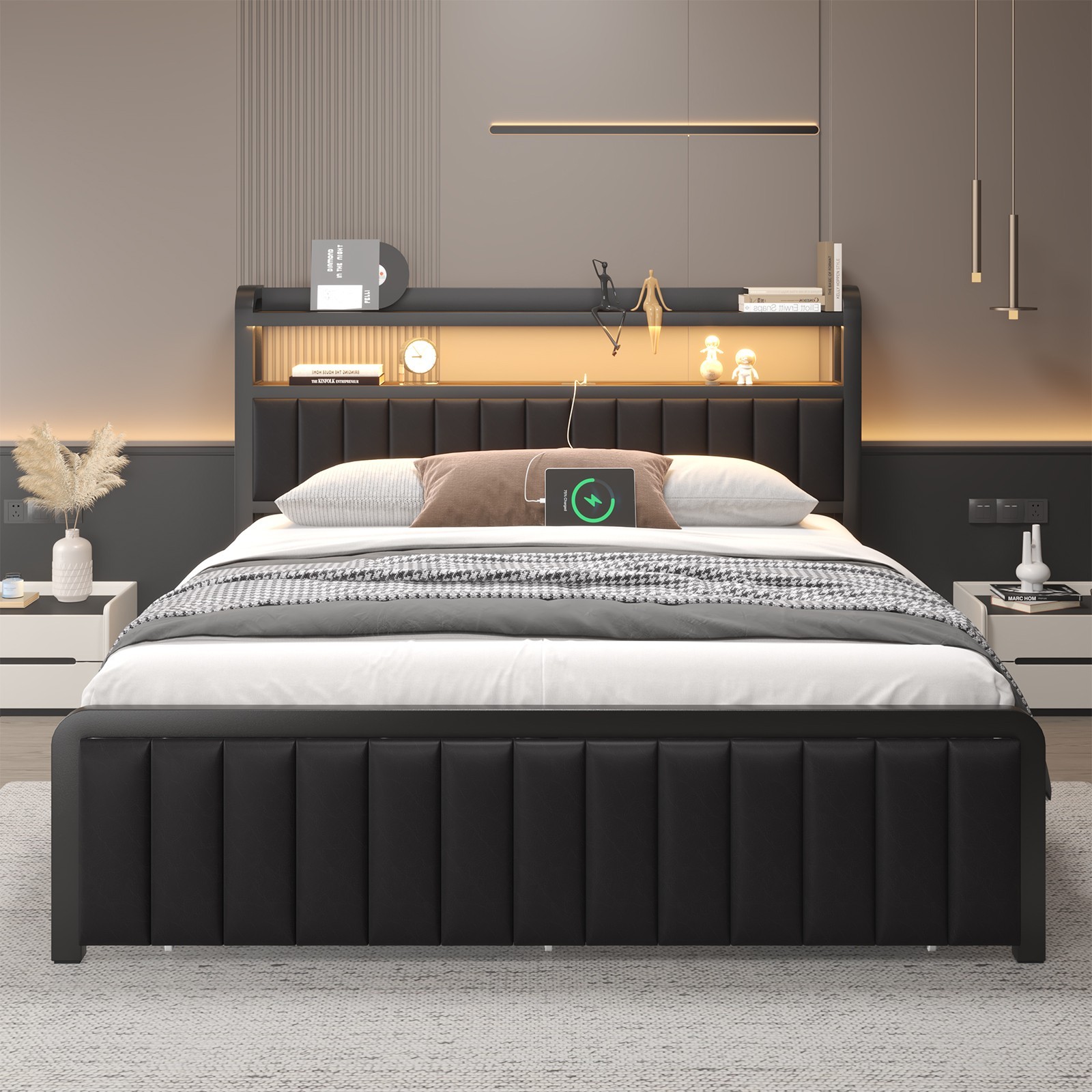 Full Queen LED Bed Frame with Charging Station&Upholstered Storage Headboard