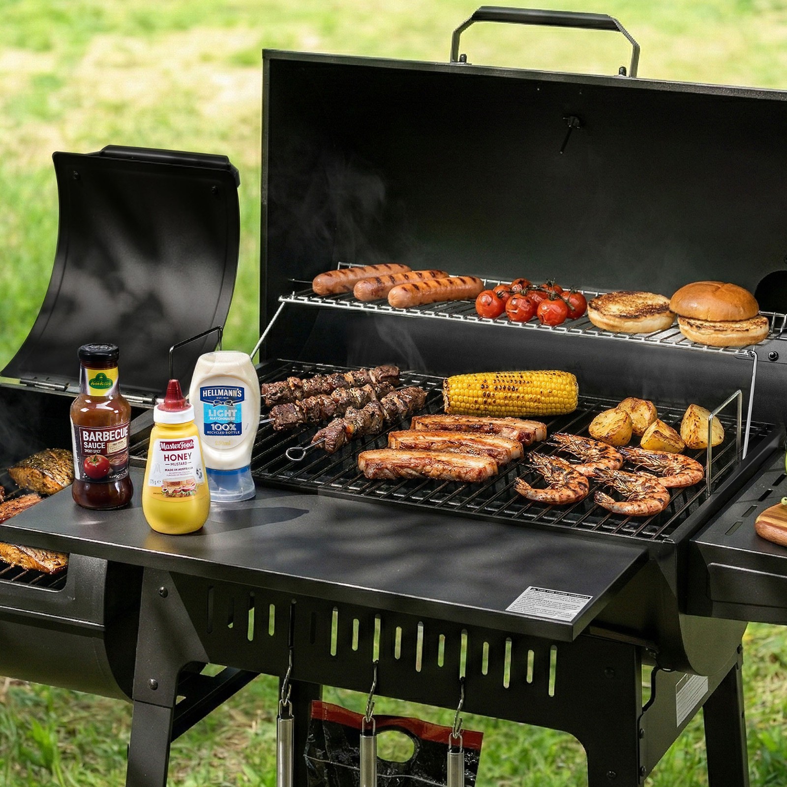 Royal Gourmet Barrel Charcoal Grill with Offset Smoker for Backyard Cooking