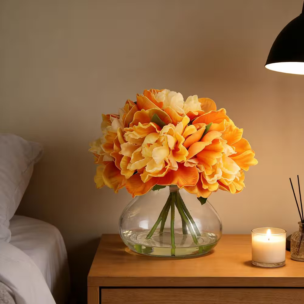 9.8 In. Orange Artificial Peonies Floral Arrangement in Glass Vase