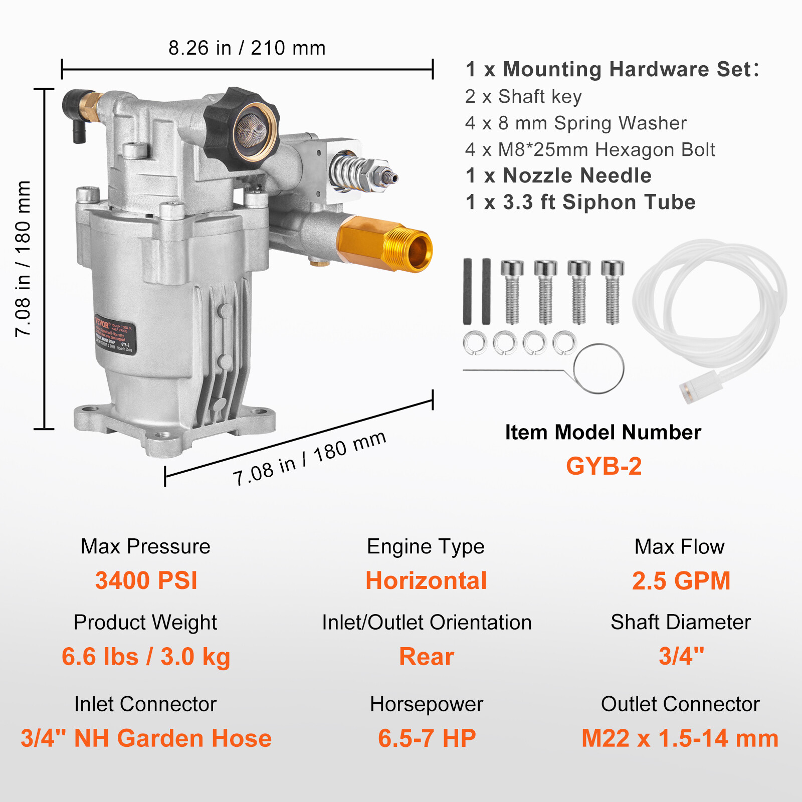 VEVOR Pressure Washer Pump Power Washer Pump 3/4″ Horizontal 3400 PSI 2.5 GPM