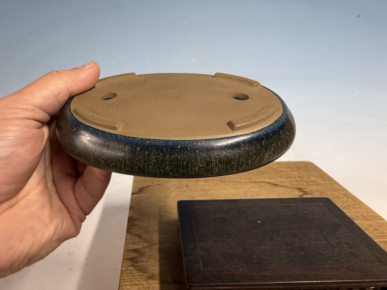 Japanese Unknown Maker Shohin Bonsai Tree Pot 6 1/8” Beautiful Blue Glaze