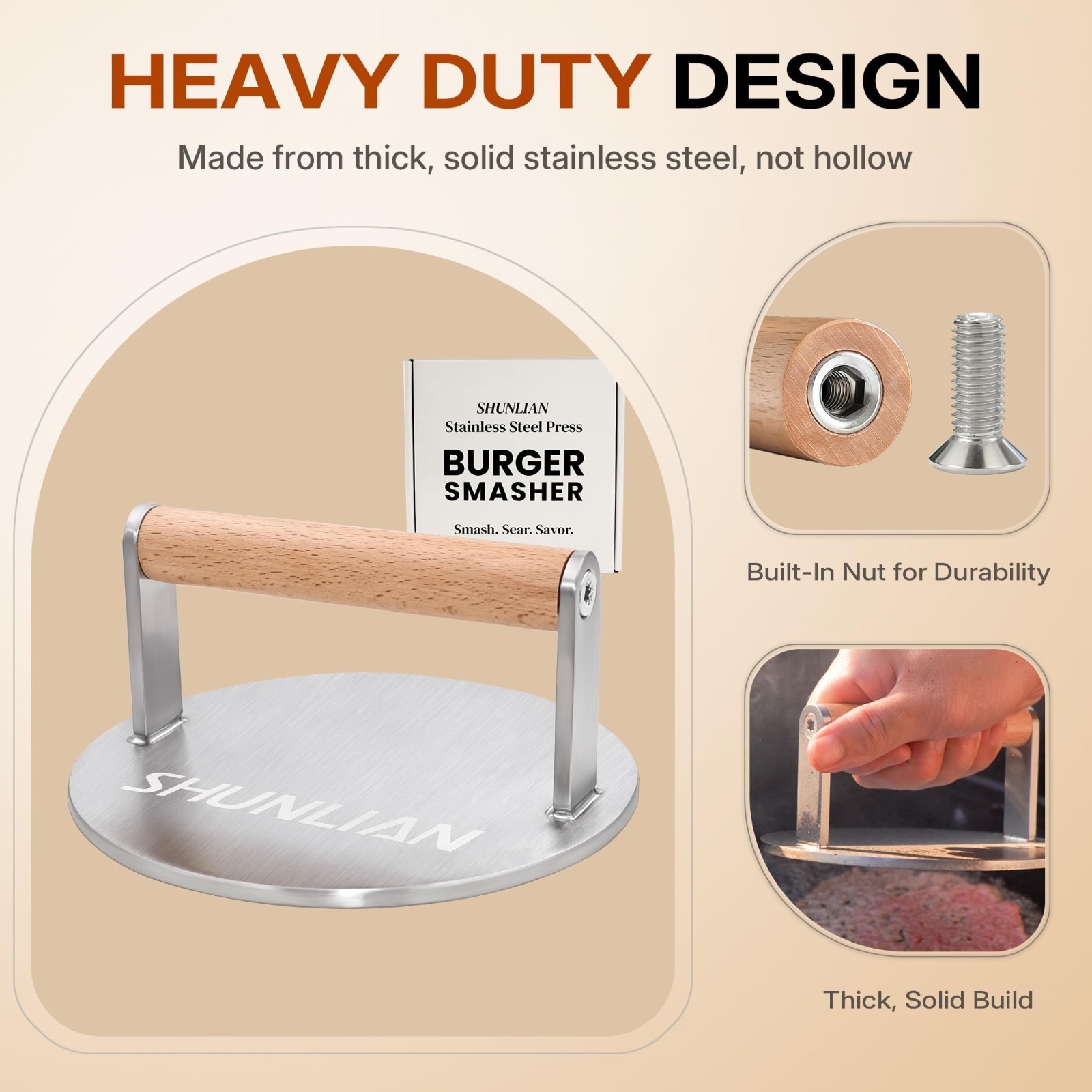 Heavy Duty Stainless Steel Burger Smasher & Grill Press, 6″ Wood Handle, 1.7 lb