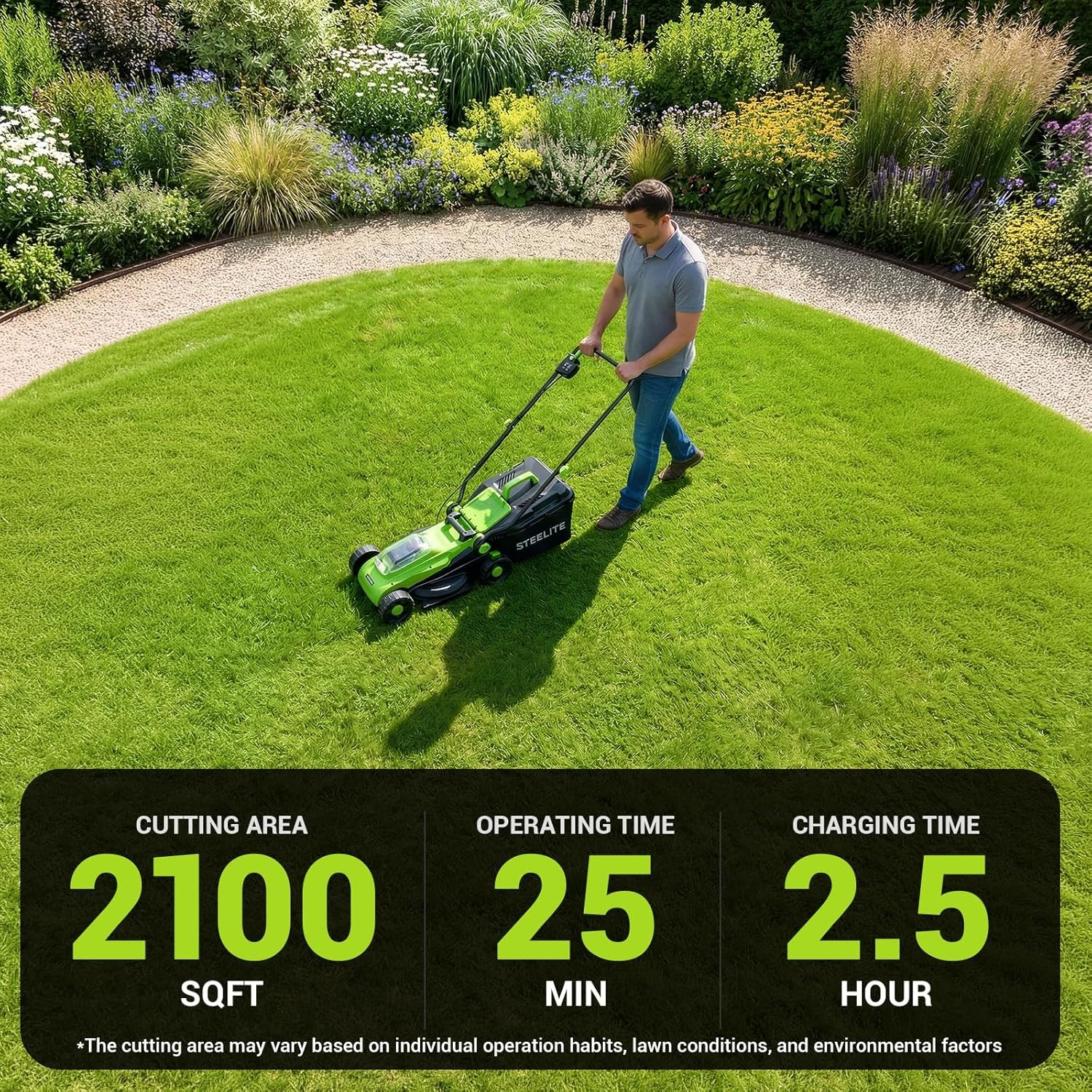 STEELITE 13″ Cordless Electric 21V Brushless Motor Lawn Mower with 4.0Ah Battery