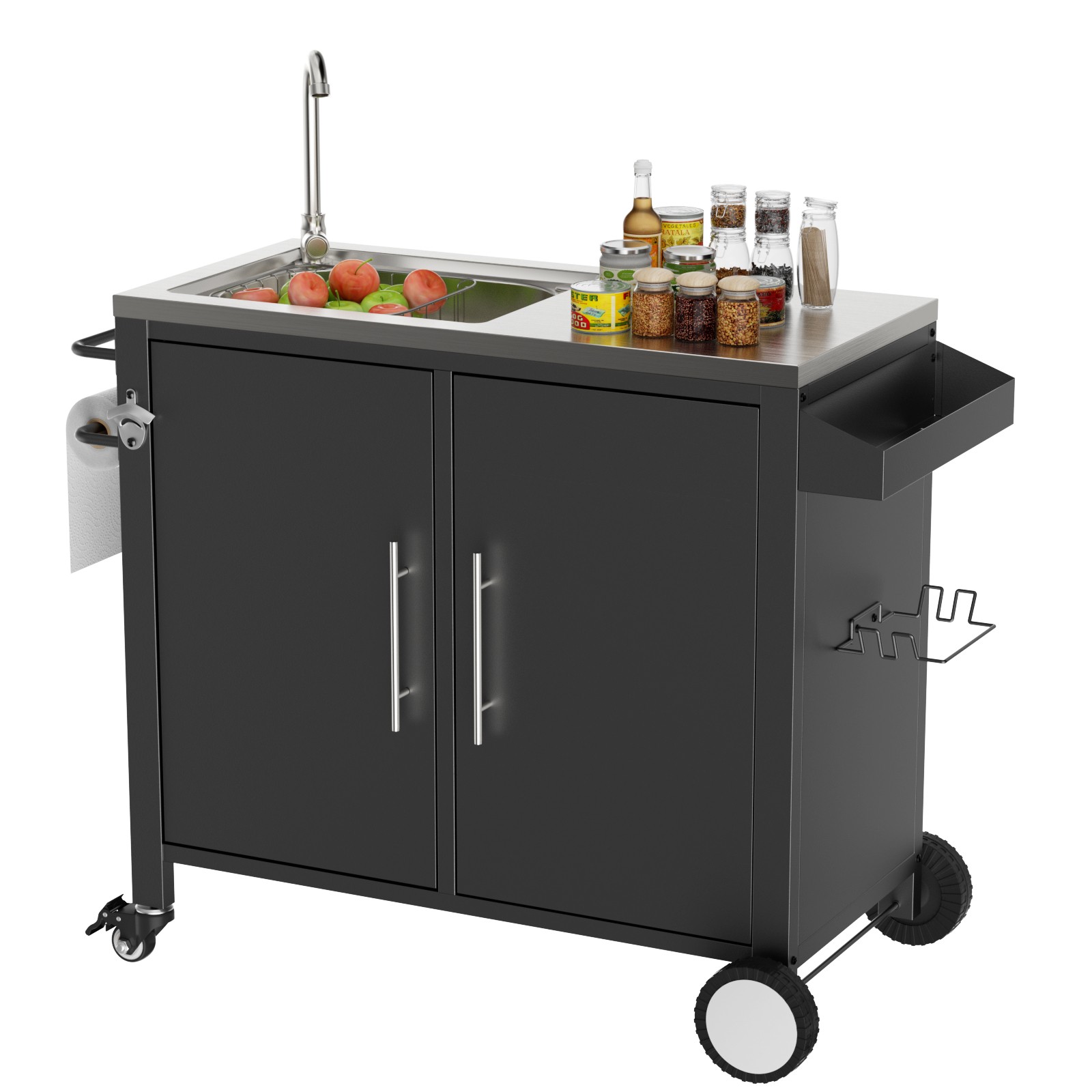 Outdoor Grill Cart Sink Station 304 Stainless Steel Cabinet Wheels 38x18x35in