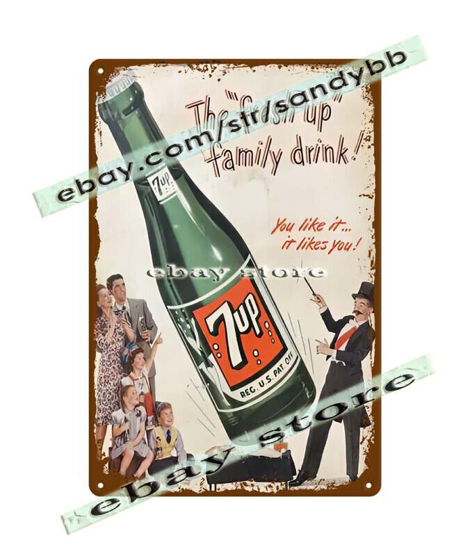 1947 7-UP Soda pop drink bar cafe wall decor metal tin sign automotive signs