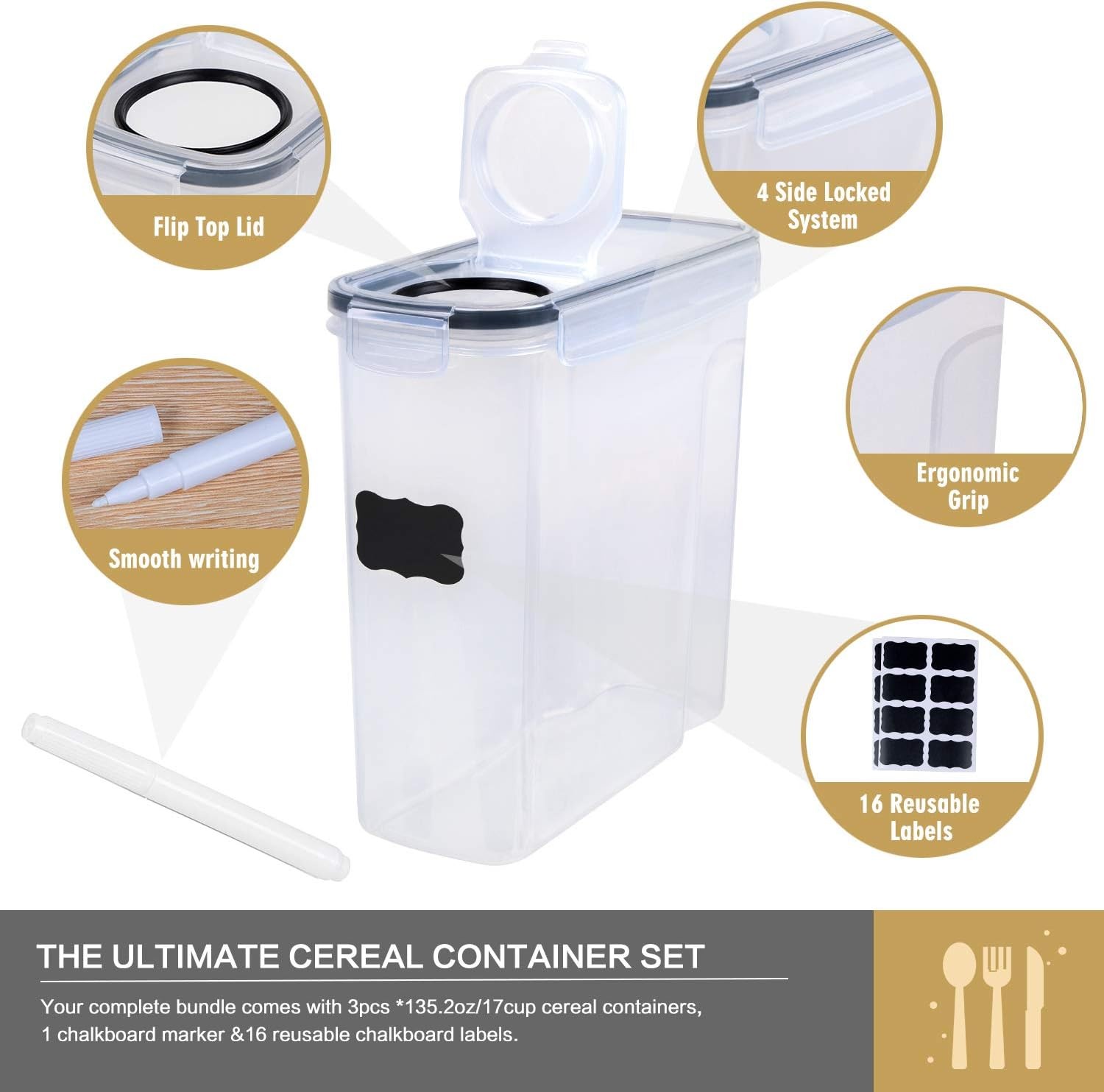 Cereal Containers Storage Set – 3 Piece Airtight Large Dry Cereal Container