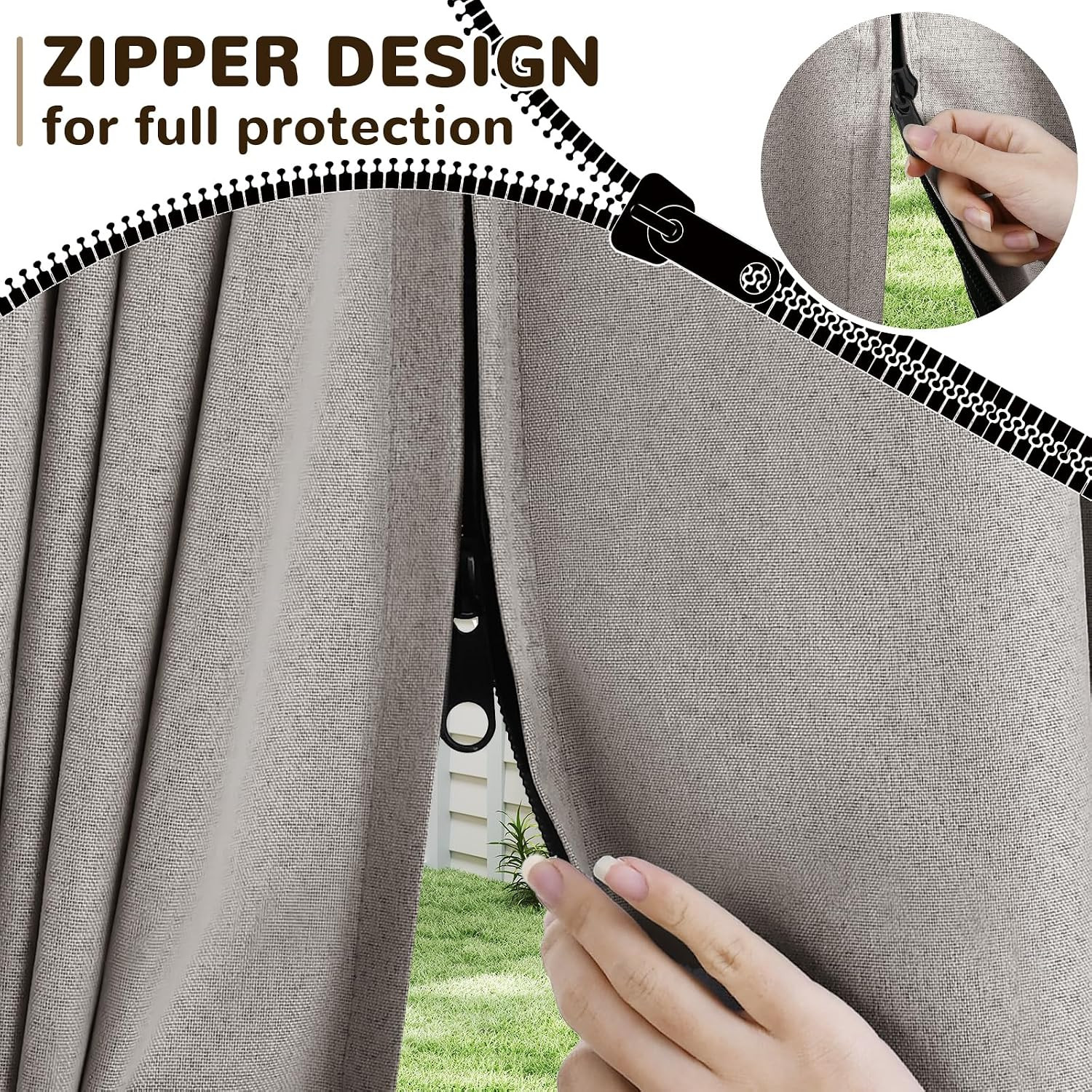 Linen Outdoor Curtains for Patio Waterproof with Zipper Blackout Curtains 2 Pane