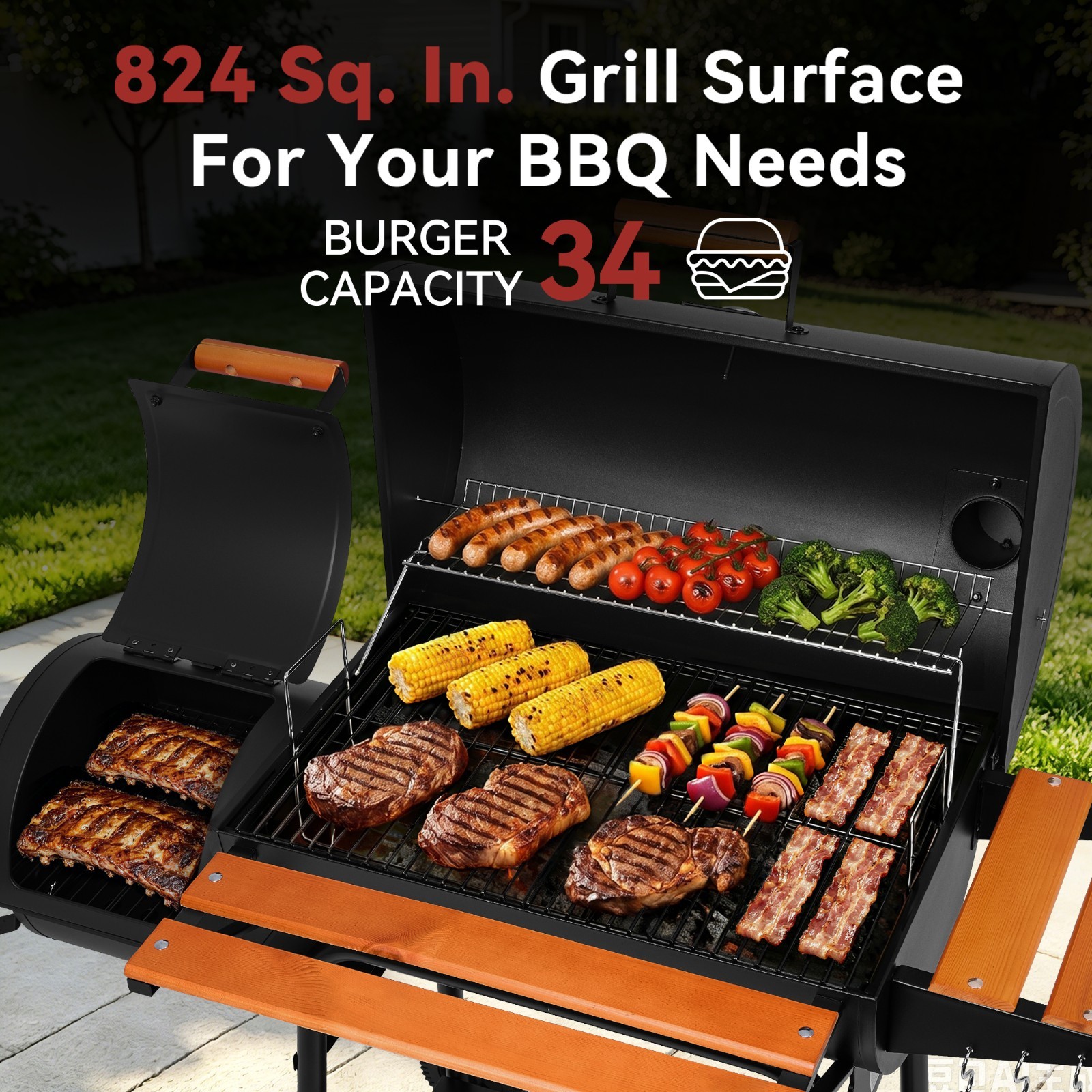 Royal Gourmet Charcoal Grill with Offset Smoker,Side Table and Front Table,Black