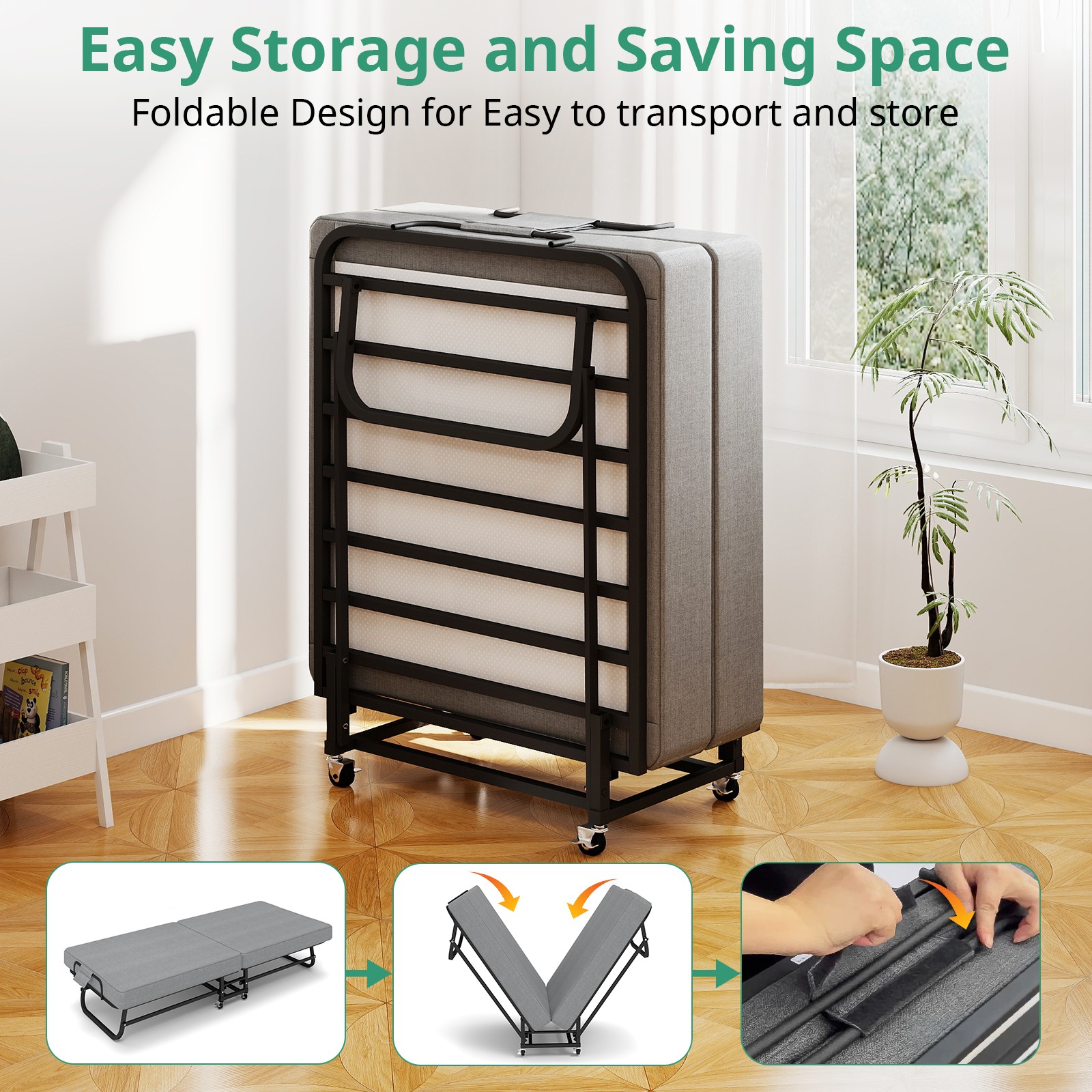 Portable Folding Bed with Memory Foam Mattress Rollaway Metal Frame Guest Bed
