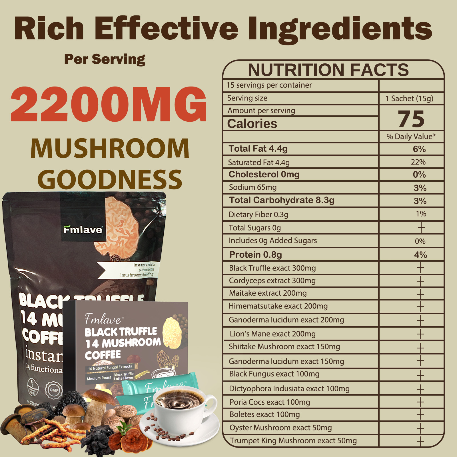 Organic Mushroom Coffee Instant Coffee, 14 Mushroom Extract Energy & Brain Boost
