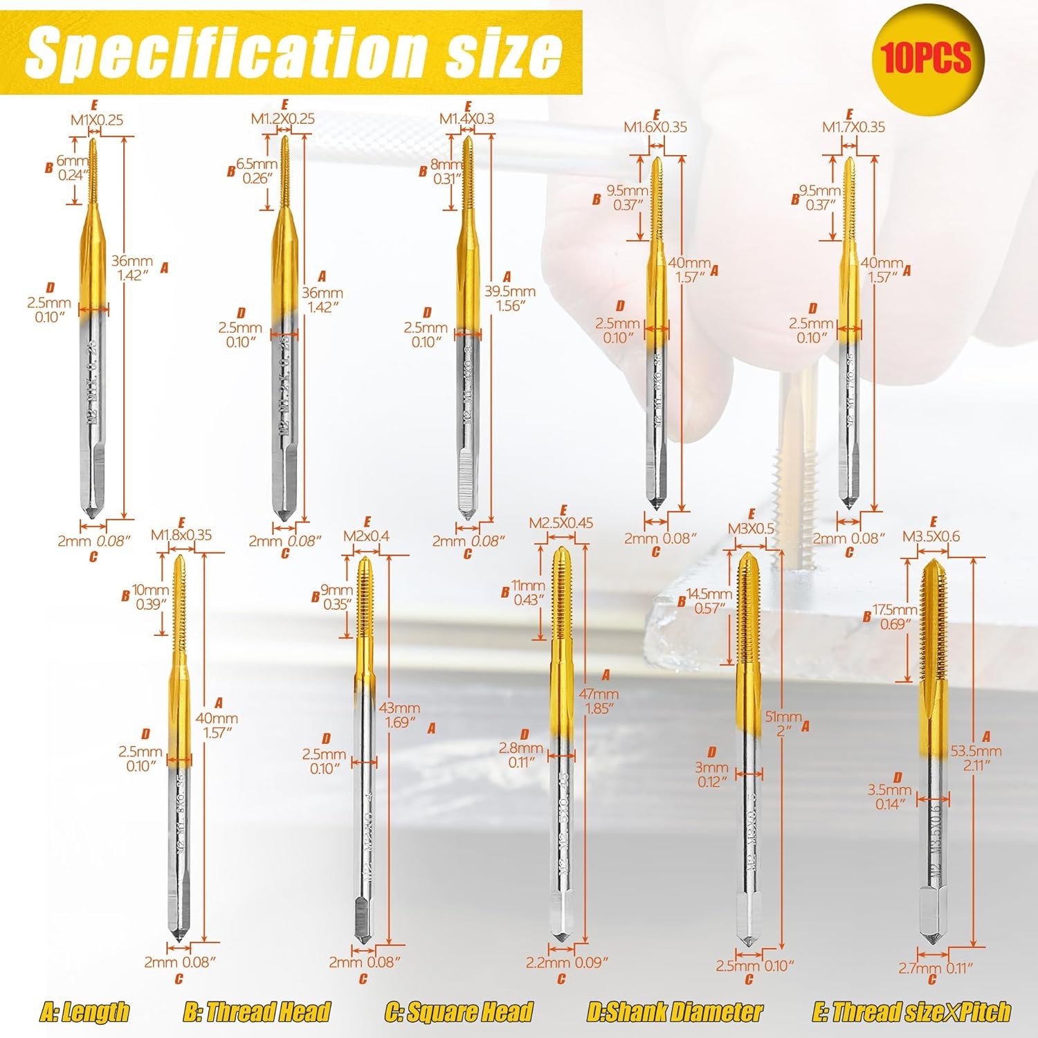 10pcs Micro Metric Taps Bits Set with Tap Wrench M1-M3.5 Machine Screw Thread