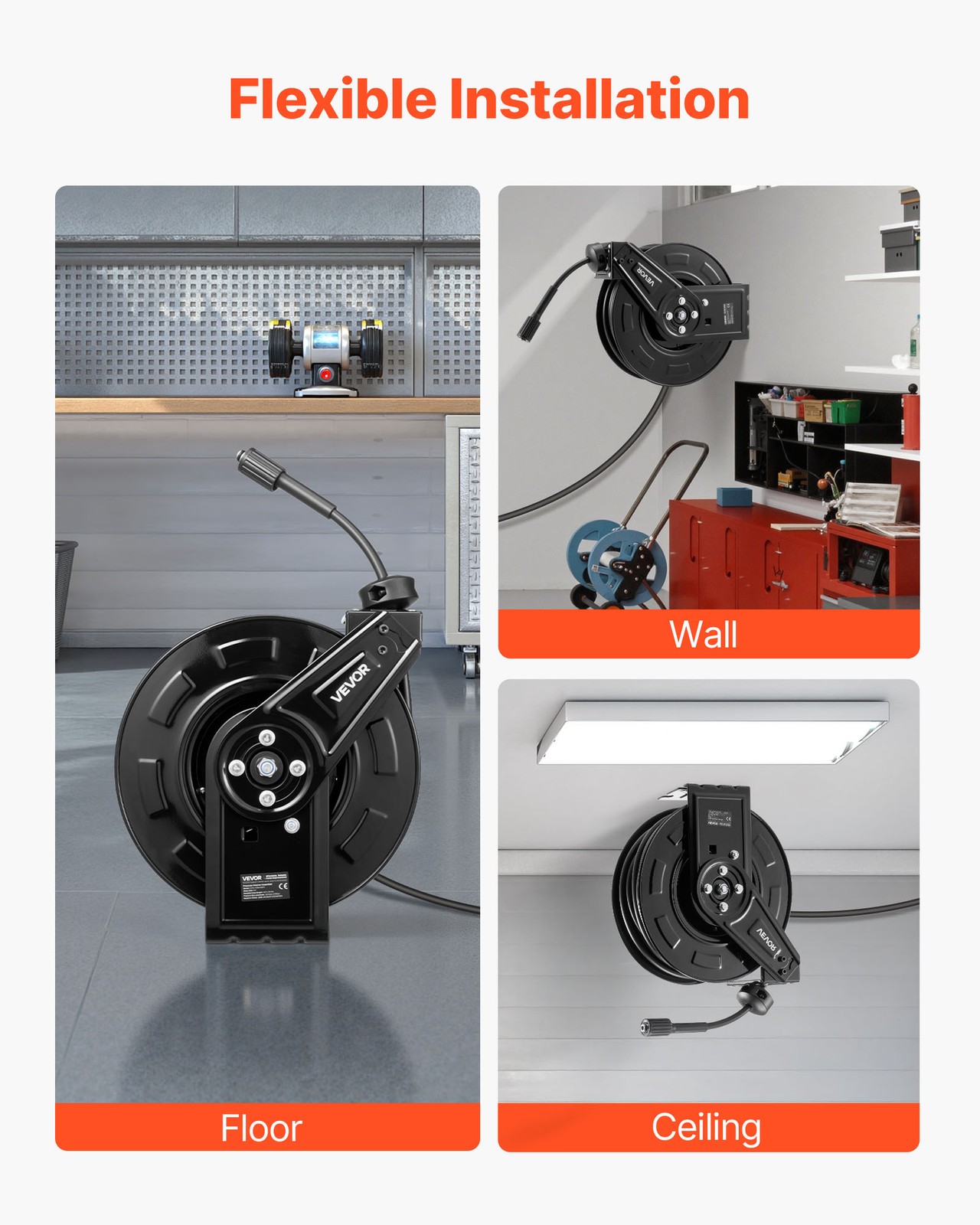 VEVOR Pressure Washer Hose Reel 60ft x 1/4in Retractable 4000PSI Auto-Rewinding