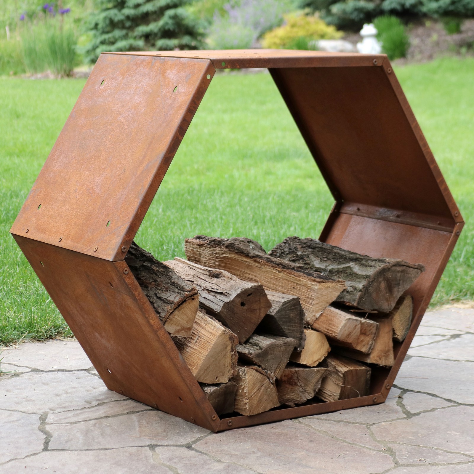 30 in Hexagon Rustic Honeycomb Firewood Log Rack – Rust by Sunnydaze