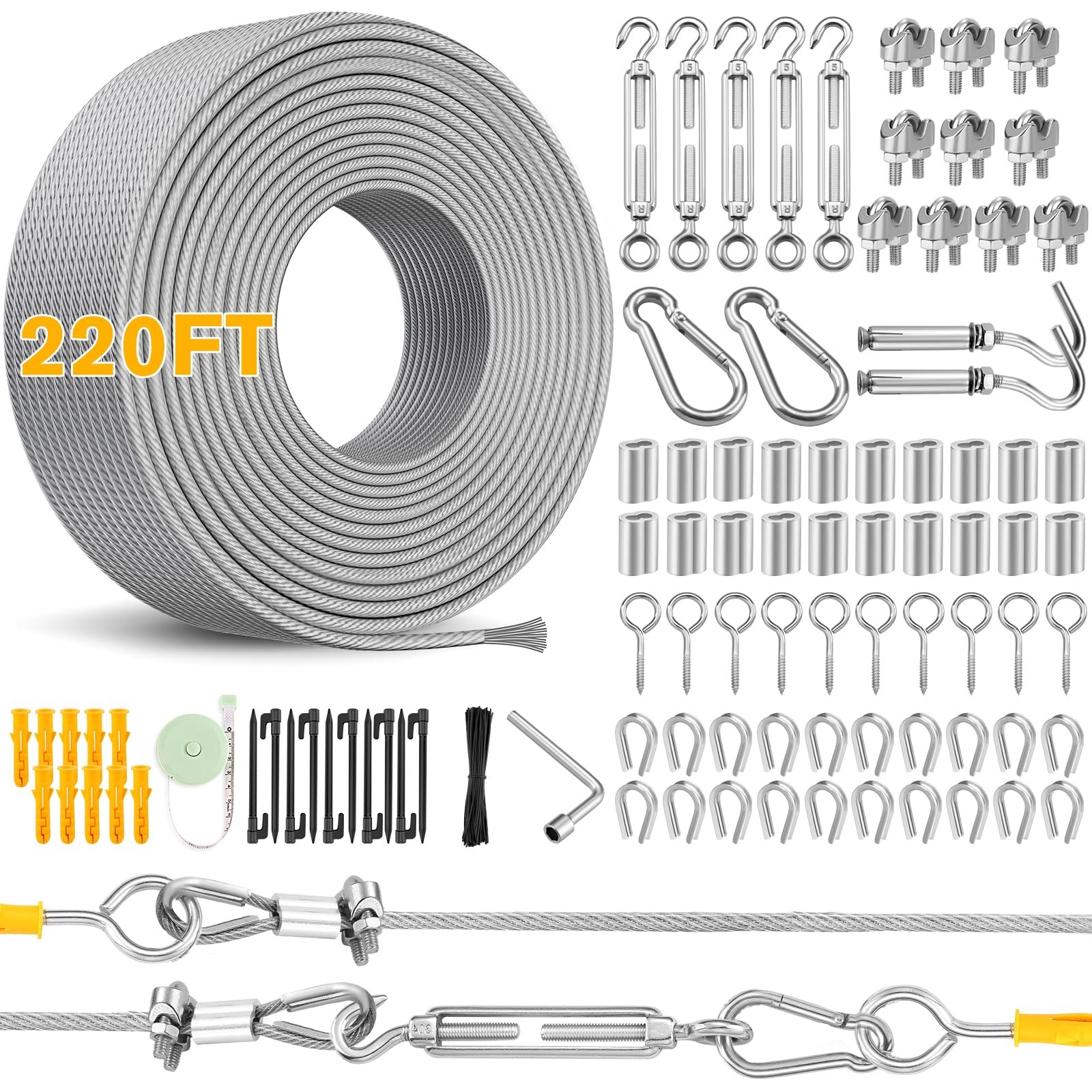 220FT 1/8″ Wire Rope Kit – 304 Stainless Steel Cable with 3MM*67M, Silver