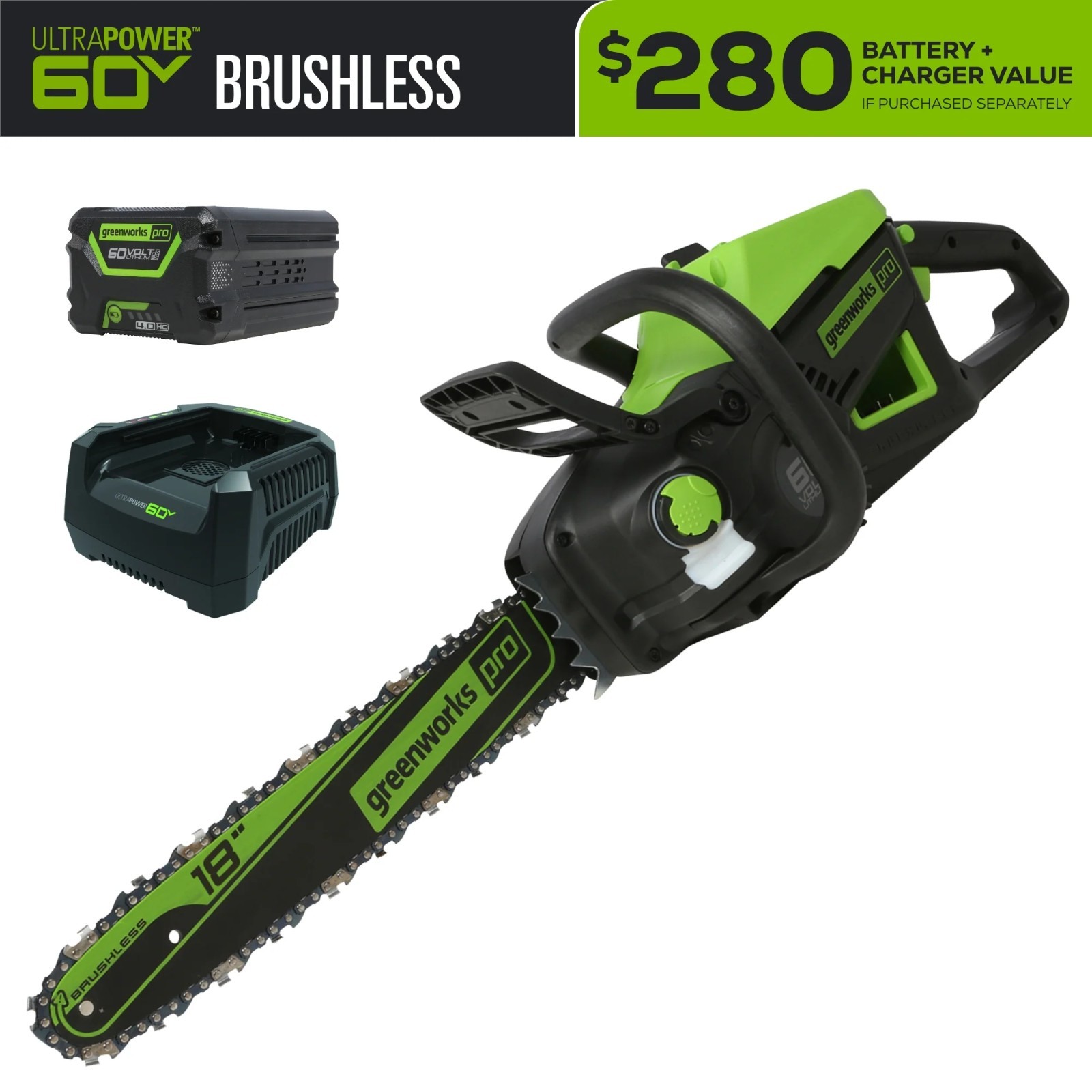 Greenworks 60V 18 Inch Chainsaw 2000W Brushless w/ 4Ah Battery & Rapid Charger