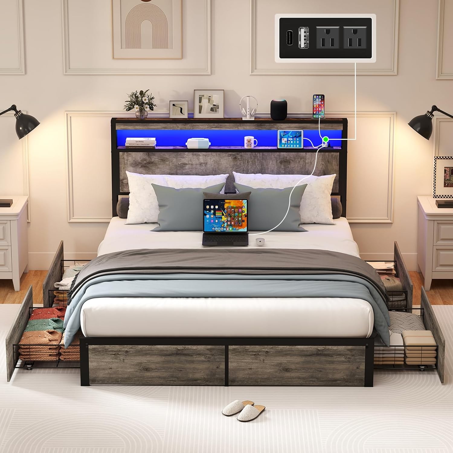 Full Queen King Bed Frame with Storage Headboard ,Charging Station & LED Lights