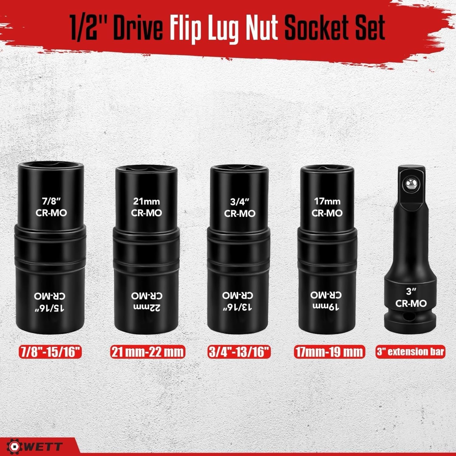 1/2″ Drive Flip Lug Nut Socket Set, 5-Piece Double Sided Thin Wall Wheel Protect