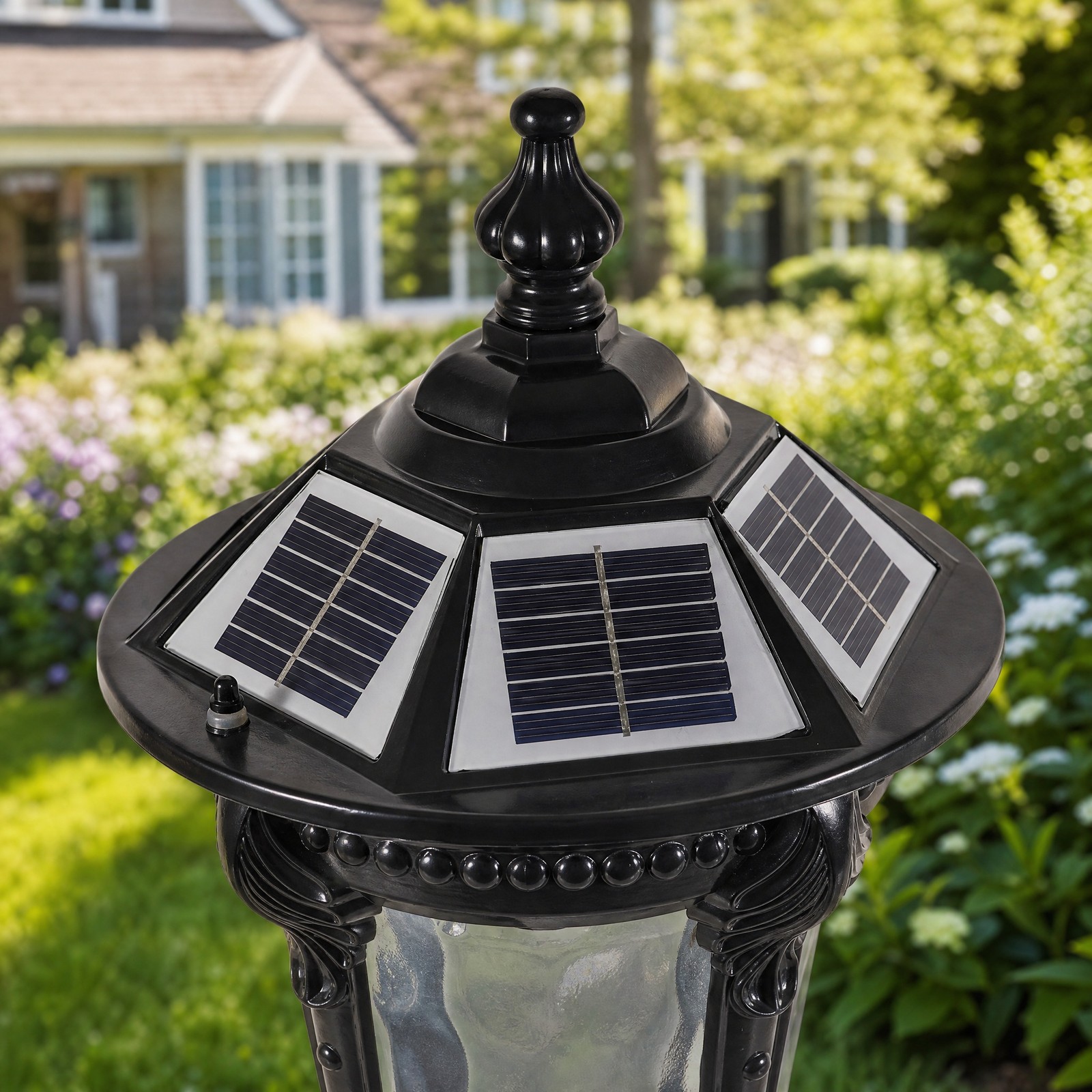 19” Solar Lamp Post Light Outdoor Black Pillar Dusk To Dawn With Remote Control